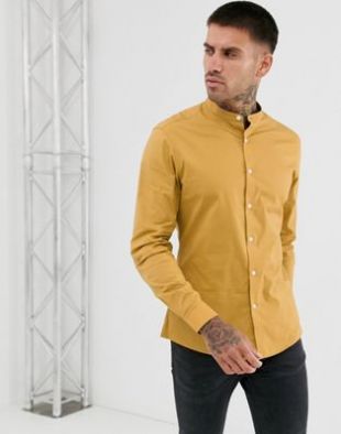 ASOS DESIGN - Chemise habillée stretch ajustée en popeline avec col grand-père - Moutarde | ASOS