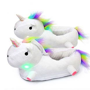 Chaussons Licorne avec LED Unicorn Pantoufle Peluche Chaussures de Maison Chaud Hiver pour Enfants (36, Blanc)