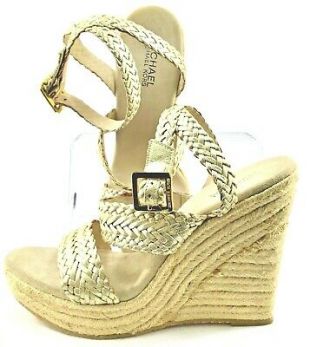 Michael Kors Juniper Sandal Women Silver Weave Espadrille Wedge Heel Shoe