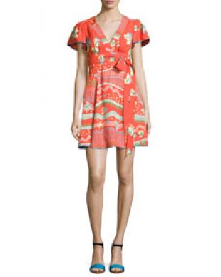 Marc Jacobs - Marc Jacobs Floral Print Flutter Sleeve Wrap Dress, Red