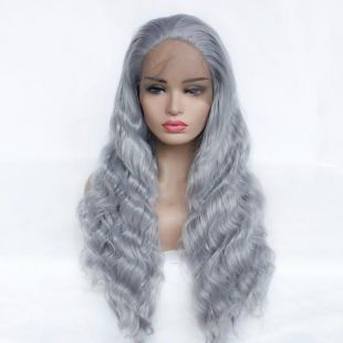 Perruques grises de grand-mère, cheveux bouclés, perruque avant de dentelle, perruque de dentelle, perruque de Cosplay, perruque de bouclé long, perruque de partie, perruque de dame, perruque résistante de chaleur-1171