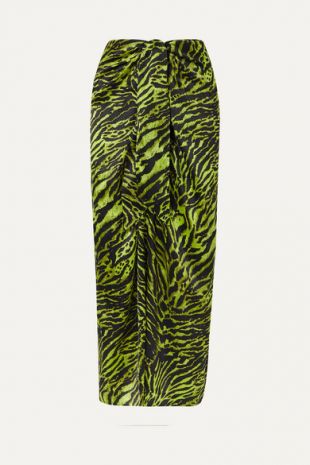 Tie Front Tiger Print Silk Blend Satin Midi Skirt