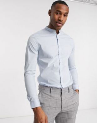 ASOS DESIGN - Chemise stretch coupe skinny avec col grand-père - Bleu clair | ASOS