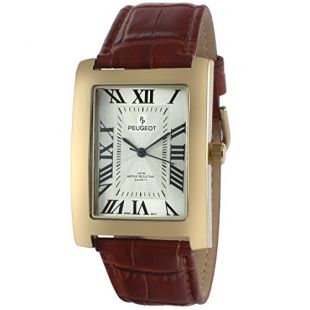 Peugeot Men's 'Vintage Rectangular' Quartz Metal and Leather Casual Watch, Color:Brown (Model: 2051GBR)