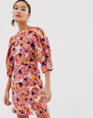 Monki floral print puff sleeve mini dress in pink