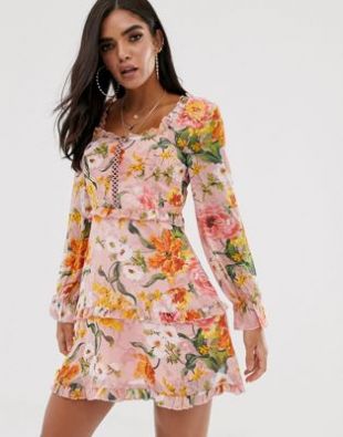 Missguided High Neck Lace Tea Dress In Floral In Multi Lace Missguided  Floral High Neck Trim
