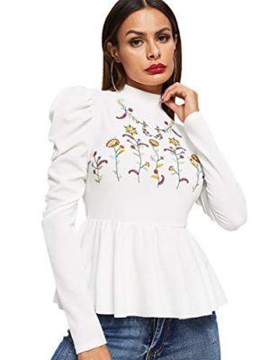 Women's Elegant Puff Long Sleeve Embroidered Floral Ruffle Hem Peplum Top