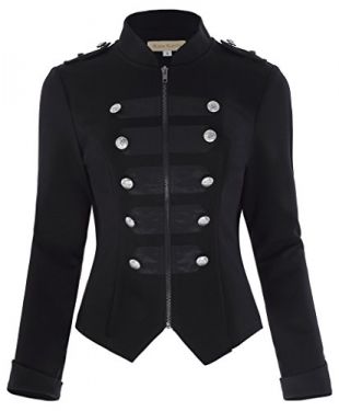 Women's Buttons Decorated Zipper Front Military Blazer Jacket Coat Tops Black