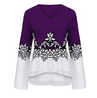 Flower Lace Color Block Chiffion V-Neck