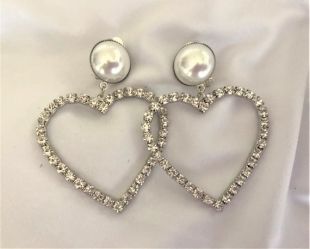 CLIP ON Big Diamante Hoop Drop Earrings Heart Shape in Silver Tone with Faux pearl 6.5 cms drop Rhinestone Crystals