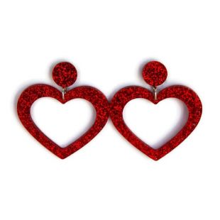 Boucles d'oreilles Red Glitter Acrylic Heart Hoop, Boucles d'oreilles Red Statement, Boucles d'oreilles pour le cœur des femmes Dangle, Bijoux Rétro Pinup Rockabilly