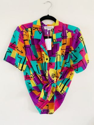 vintage 80s Abstract Colorful Blouse Rainbow Colored Geometric Modern Blouse 1980s Multi-Color New Wave Hipster Shirt S Small M Medium