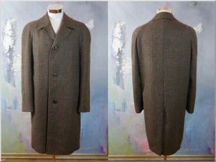 Manteau de laine brune classique, gris de charbon de bois brun vintage européen - Bronze Check Heavy Winter Coat: Taille 46 US/UK