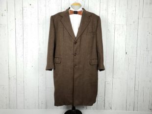 Vintage Wool Overcoat Men's 44R Large Brown Harringbone Full Length Heavy Winter Formal Coat Preppy Menswear Long Jacket S. C. Sharma - Co.