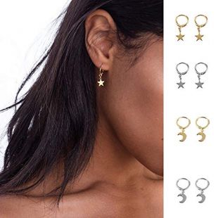 Huggie Dangle Hoop Earrings, Small Gold Silver Star Moon Earrings with Trendy Style for Women Ear Piercing Simple Jewelry, 4 Pairs