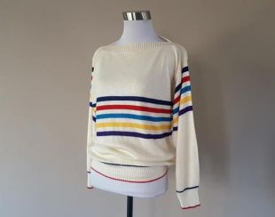 Pullover Medium Barry And Me Yellow Turquoise Red Navy Striped Long Sleeve Boat Neck Acrylic Washable vintage Sweater