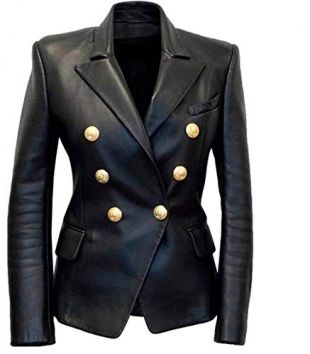 Womens Kim Kardashian Black Double Breasted Slim Fit Real Leather Jacket Blazer