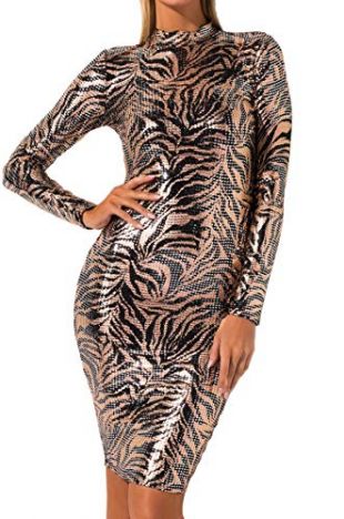 Women's Sparkle Glitzy Glam Long Sleeve Sequin Sexy Zebra Print Midi Dress-Rose