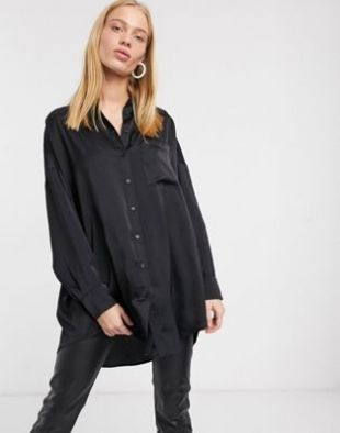 Oversized longline satin blouse in black