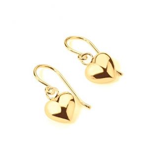 Silverline Jewelry - 925 Sterling Silver Puffed Heart Love Dangle Fish Hook Dainty Drop Earrings, Yellow Gold Flashed