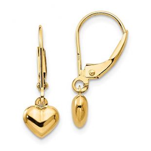 14k Yellow Gold Hollow Polished Leverback Child Puffed Heart Drop Earrings - Measures 20x6mm