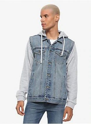 Grey Removable Hood & Sleeves Blue Denim Jacket