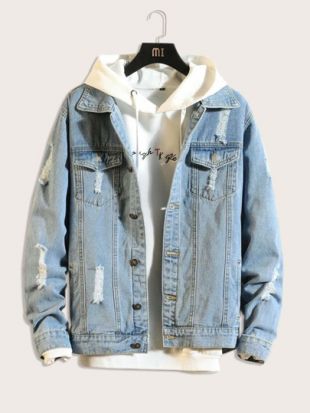 Guys Ripped Raw Wash Trucker Denim Jacket Without Hoodie