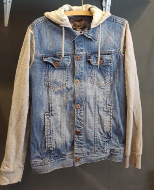 Vintage Mens Stonewash Blue Hooded Denim Jacket w/ Jersey Sleeves -- SMALL -- -Quality Retro Fashion-