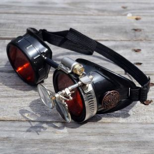 Lunettes Steampunk noir avec rouges conducteurs optiques verres et Loupes loupes soudure moto Cyber victorien