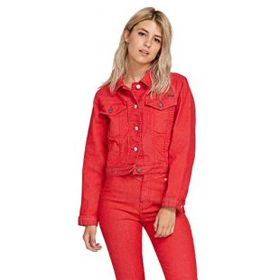 Volcom Junior's Women's George May Jagger Shrunken Denim Jacket, red, Large