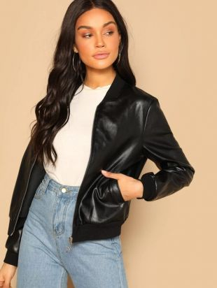 Zip Up Faux Leather Bomber Jacket