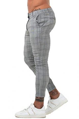 Mens Chinos Slim Fit Stretch Flat-Front Skinny Dress Pants Grey Plaid