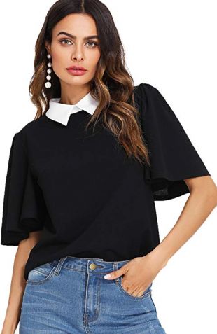 Women's Cute Contrast Collar Short Sleeve Casual Work Blouse Tops Black