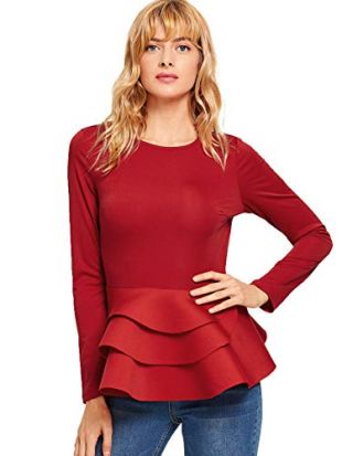 Women's Vintage Layered Ruffle Hem Slim Fit Round Neck Peplum Blouse