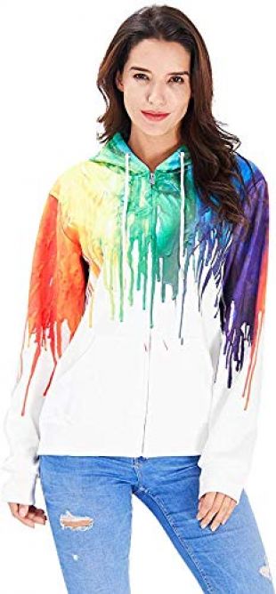 Unisex White Paint Fleece Hoodie 3D Print Rainbow Graffiti Drip Cool Pullover Hooded Sweatshirt