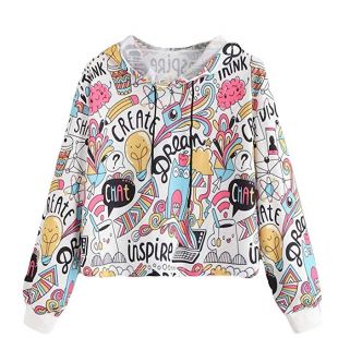 Cute Sunflower Hoodie Women Crop Tops Long Sleeve Hooded Sweatshirt Blouse Tops