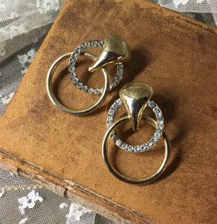 Strass clair Double cercle boucles d’oreilles or Unsigned percé