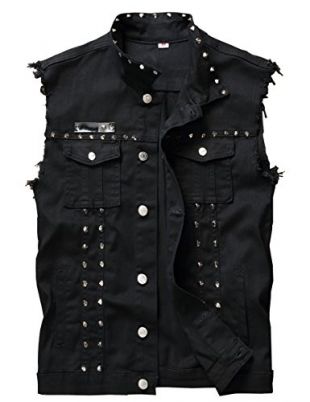 DSDZ Men's Punk Denim Vest Sleeveless Jean Jackets with Rivets (M=Tag XL(Asian XL), Black)