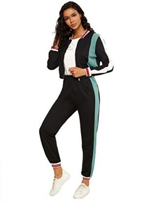 Women's 2 Pieces Outfits Long Sleeve Zipper Stripe Color Block Sport Tracksuits Sportwear Set