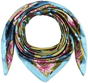 Large Square Satin Silk Like Lightweight Scarfs Hair Sleeping Wraps for Women Pink Turquoise Camellia Floral Flower Pattern