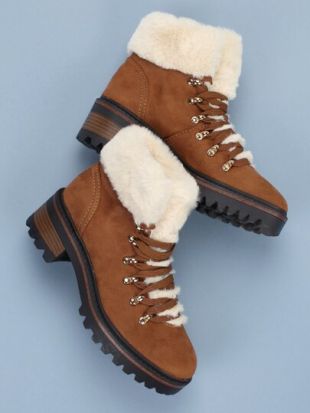 Shein - Lace Up Heavy Sole Faux Fur Hiking Boots