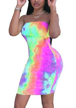 Womens Summer Sexy Tie Dye Sleeveless Strapless Bodycon Mini Midi Tube Dress