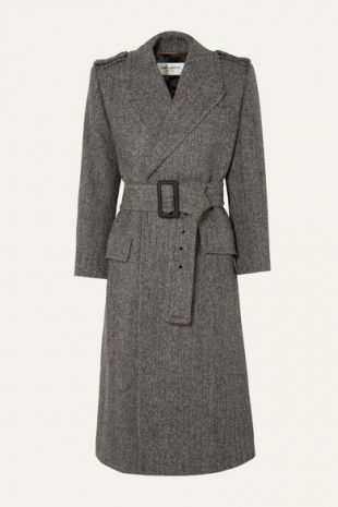 SAINT LAURENT - Manteau en laine à chevrons et à ceinture