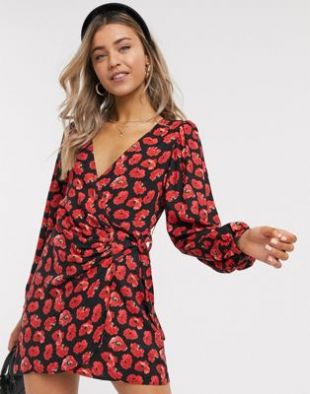 Wrap dress in bold red floral print