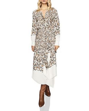 White Feath­er Print­ed Mi­di Dress