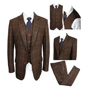 Classic Vintage Brown Tweed Herringbone Wool Blend Men Suit 3 Pieces Check Plaid Dark Green Striped Blazer