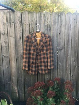Vintage 70's Curlee Trulock's Mens Wear Fort Wayne Indiana Green and Beige Long Sleeve Two Button Long Sleeve Plaid Pattern Blazer Veste