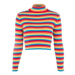 Womens Fall Knit Sweater Long Sleeve Rainbow Colorblock Striped Crop Sweater