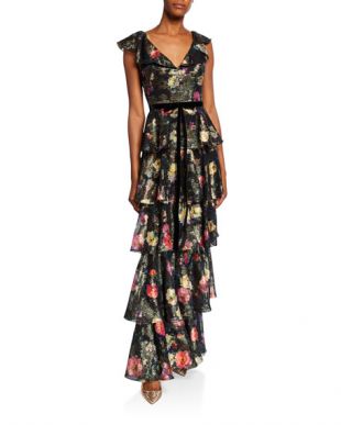 Metallic Printed V Neck Sleeveless Tiered Fil Coupe Ruffle Gown