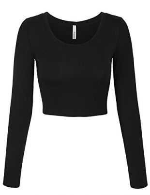 Womens Long Sleeve Basic Crop Top Round Neck with Stretch